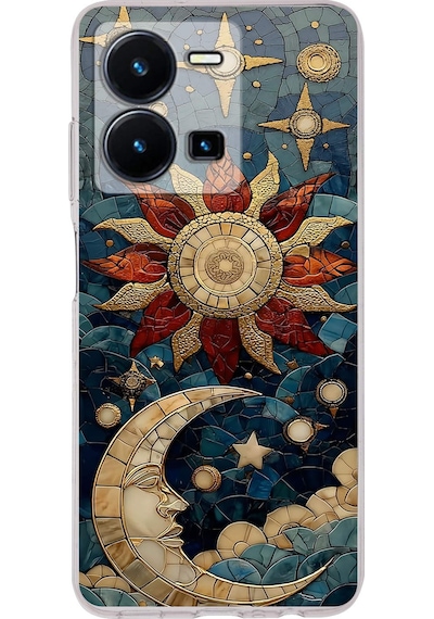Printify Vivo Y22s İle Uyumlu Vitray Sol Ve Luna Tasarımlı Şeffaf Silikon Kılıf Şeffaf