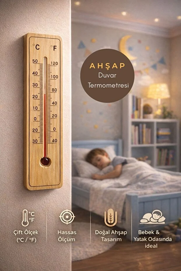 Ahşap Oda Termometresi Bebek Ve Çocuk Odası Duvar Tipi Hassas Isı Ölçer C / F Çift Ölçekli