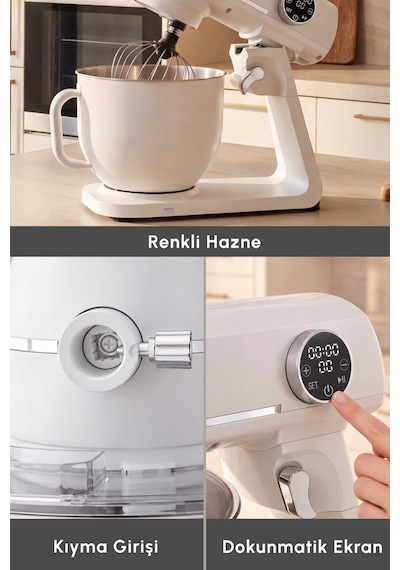 Karaca Multichef Artisan Renkli Hazneli Digital Ekran Tam Döküm Hamur Yoğurma Makinesi Cream 1800w 7l