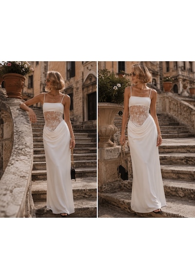 Aurelia Dantel Dekolte Drape Detaylı Premium Beyaz Elbise