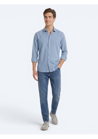 Kip Koyu İndigo Düz Regular Fit Uzun Dokuma Casual Pamuk Karışımlı Gömlek Mavi