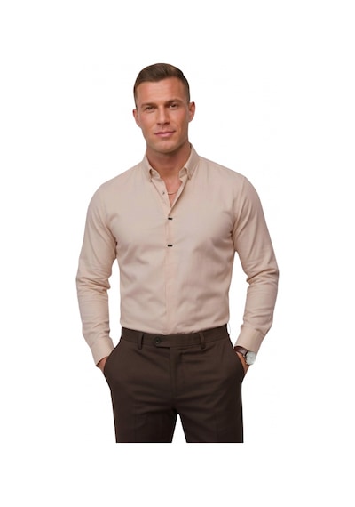 Deep Sea Deepsea Toprak Slim Fit Likralı Kolay Ütülenebilir Gizli Düğmeli Erkek Gömlek 2602614 Kahverengi