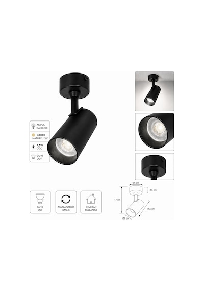 Gu10 Duylu Siyah Aplik Spot 4000k Naturel Işık 4,5w Ampul Dahil, Ayarlanabilir Başlık, Modern Tavan Ve Duvar Aydınlatma Armatürü