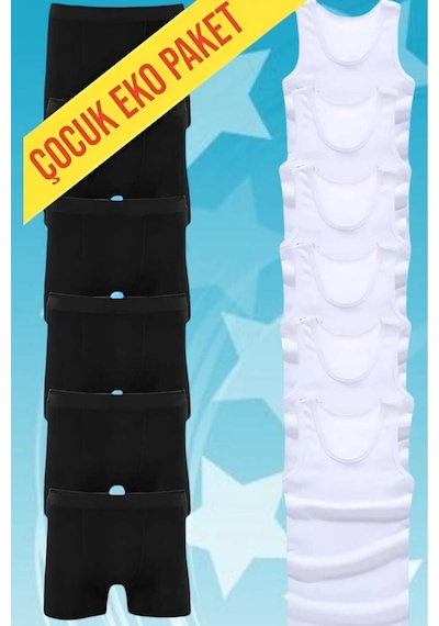 Uniquetrenders Erkek Çocuk İkili Set Pamuklu Penye 6 Atlet 6 Boxer Beyaz - Siyah
