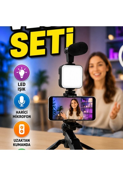 Led Işıklı Telefon Video Çekim Kiti Mini Tripod Mikrofonlu Bluetooth Kumandalı Vlog Seti