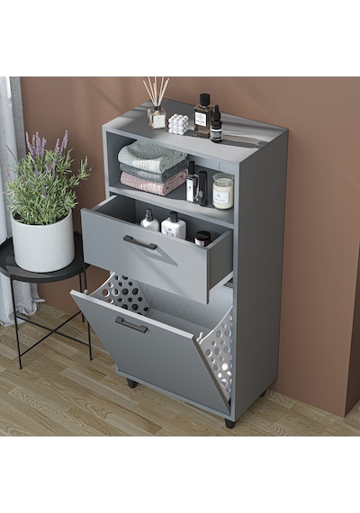 Çamaşır Sepetli Banyo Dolabı, Çok Amaçlı Çekmeceli Dolap 60 Cm Kül Gri
