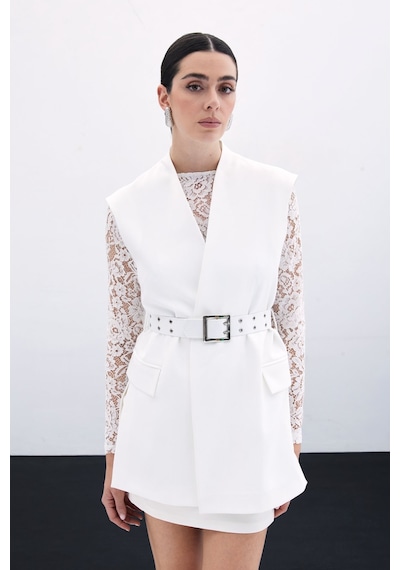 Sateen Kemerli Uzun Yelek - Ekru-135806 Ekru