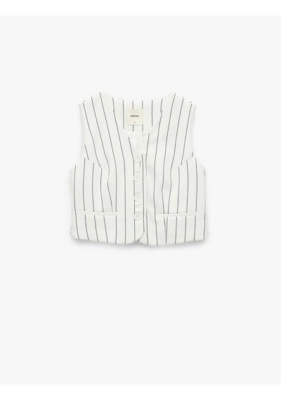 Koton Slim Fit V Yaka Kolsuz Çizgili Crop Yelek Lacivert Çizgili 6wak20013pw 7s2