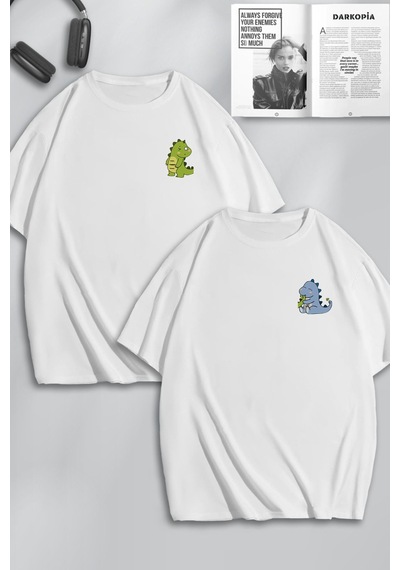 Unisex Kadın Erkek Dinozor Baskılı Sevgili Çift Kombini Tasarım Oversize Tshirt 2'li Beyaz1 Mck0117 Beyaz