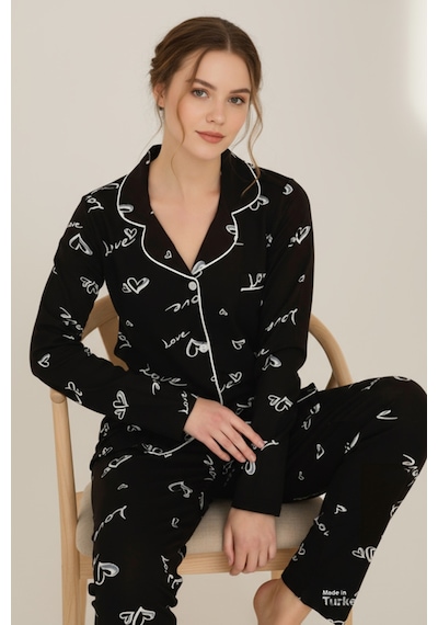 Luxury Viscose Siyah Love Ve Kalp Desenli Kadın Uzun Kollu Pijama Takımı 42572 Antrasit