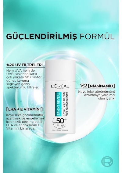 L'Oréal Paris Bright Reveal Koyu Leke Karşıtı Fluid Günlük Yüz Güneş Kremi SPF50+ 50 ML
