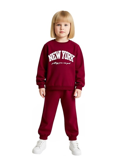 Frm Kız Çocuk Pamuklu New York Baskılı Örme Sweatshirt Ve Eşofman Alt Bordo