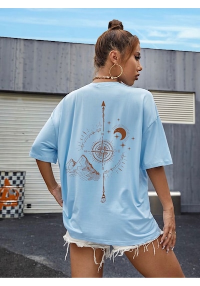Pusula Baskılı Oversize Unisex Tişört Mavi