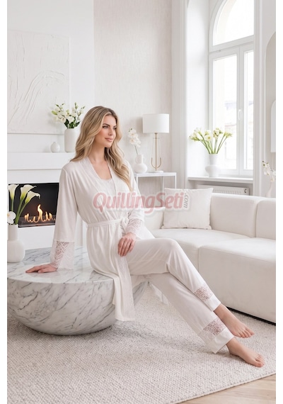 Lady Ekru Renkli, Derin Patlı, Dantel Detaylı 33002 Sabahlıklı 3lü Lohusa Hamile Pijama Takımı