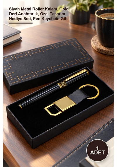 1 Adet Kutulu Kalem Ve Anahtarlık Seti Siyah Metal Roller Kalem, Gold Deri Anahtarlık, Özel Tasarım  Seti, Pen Keychain Gift