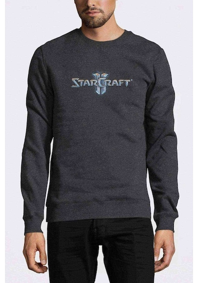 Starcraft Logo Baskılı Füme Erkek Örme Sweatshirt