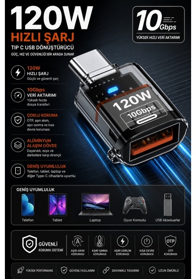 Coofbe Type-c To Usb-a Otg Adaptör, 120w Hızlı Şarj, 10gbps Usb 3.2 Veri Aktarımı, Telefon Tablet Laptop Uyumlu