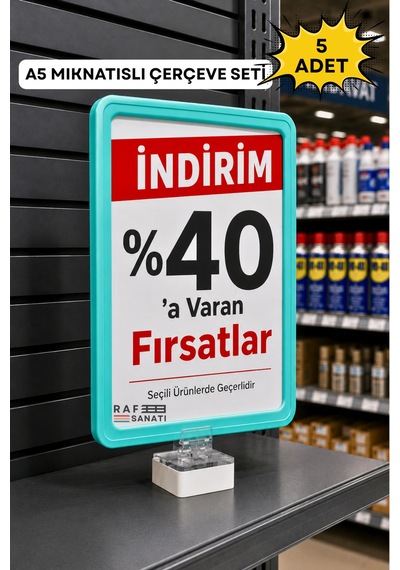 5 Adet - A5 Mıknatıs Tutuculu Fiyatlık Etiketlik Dikey Yatay Ve Bilgilendirme Çerçevesi Turkuaz