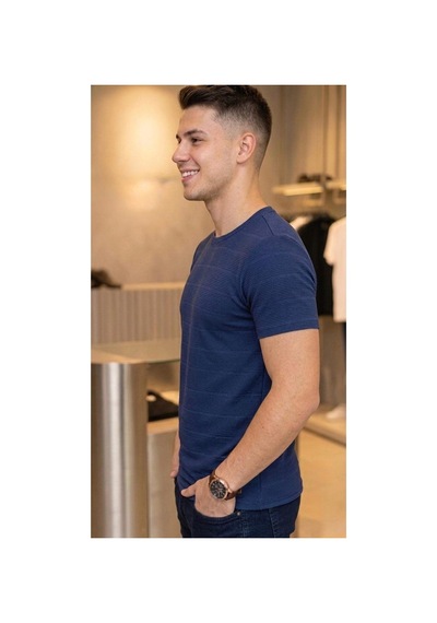 Regata Çizgi Desenli Bisiklet Yaka Regular Fit Örme İnce Triko Erkek T-shirt Lacivert