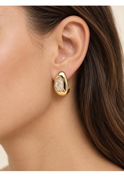 Oval Taşlı Küpe Gold Renk