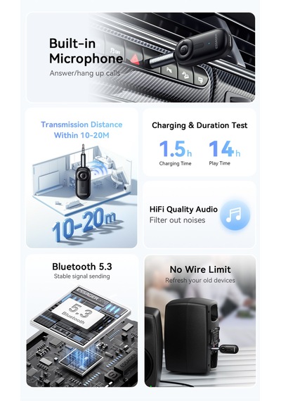 Bt14 Bluetooth 5.3 Araç Kiti 3.5mm Hi-fi Ses Aux Jack Ses Müzik