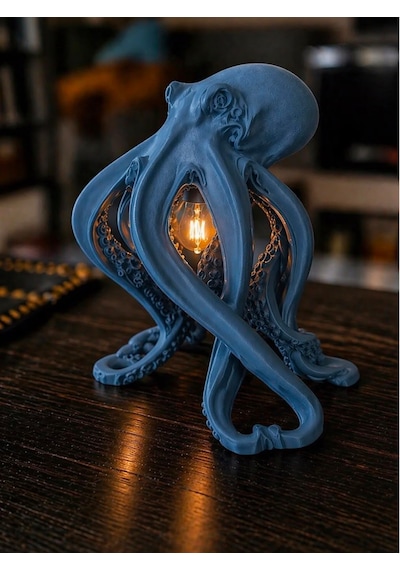 3dlab Luxury Ahtapot Masa Lambası Dekoratif Tasarım Abajur Rustik Ampullü Premium Ev Dekoru Mavi