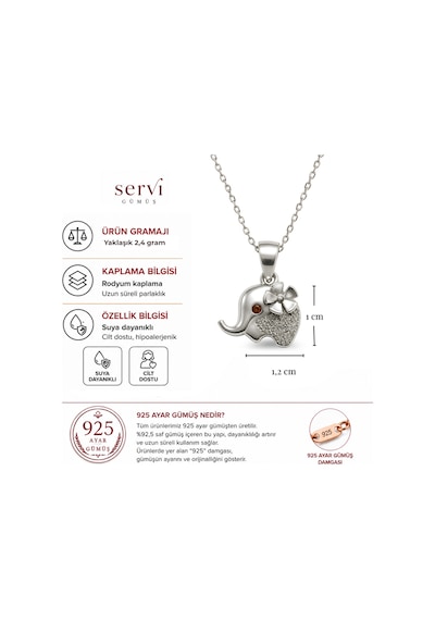 Servi 925 Ayar Gümüş Zirkon Taşlı Uğurlu Fil Kolye-462