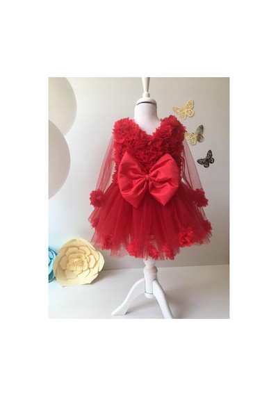 Hayy Baby Kids Wear Kız Bebek Kırmızı Şifon Çiçekli Elbise
