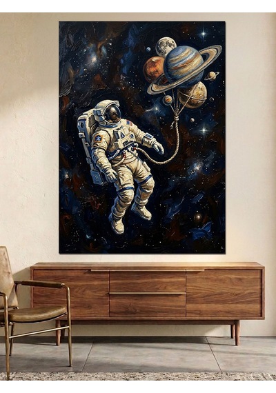 Gezegen Balonlu Astronot Uzay Yürüyüşü Dekoratif Kanvas - Mdf Ahşap Tablo Çok Renkli