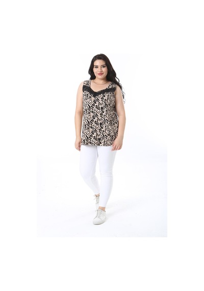 Şans Kadın Büyük Beden Leo Dantel Detaylı Leopar Desenli Kolsuz Bluz 65n38226-leo Leopar