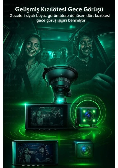 Wifi 1080p Araç İçi 3 Kameralı Lcd Ekranlı Gece Görüşlü , G-sensör , Geri Görüş Kamera