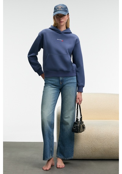 ETHIQUET ME UREA Kadın Nakışlı Kapüşonlu Comfort Fit Koyu Mavi Sweatshirt
