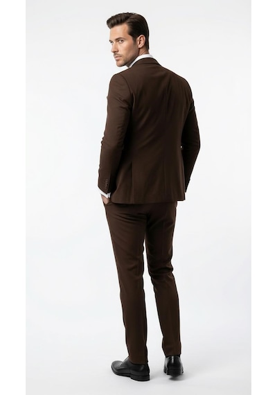 Erkek 3 Parça Slim Fit Takım Elbise Klasik Likralı Kumaş, Tek Düğme, Çift Yırtmaçlı Modern Kesim Ceket Yelek Pantolon Kahverengi