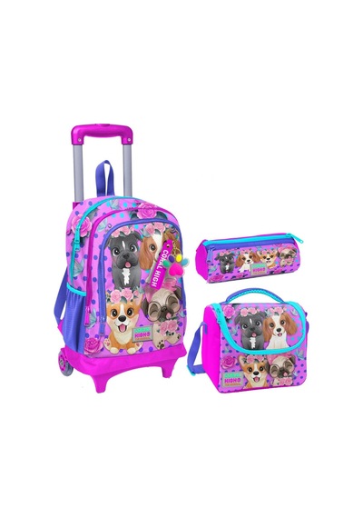 Coral High Pembe Köpek Üçlü Çekçek Işıklı Tekerlekli Çanta Seti - Kız Çocuk