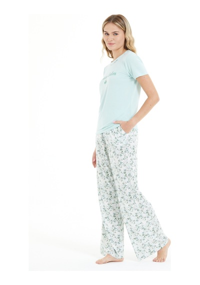 Lılac Kadın Çiçek Desenli %100 Viscon Pijama Takımı Mint Mint