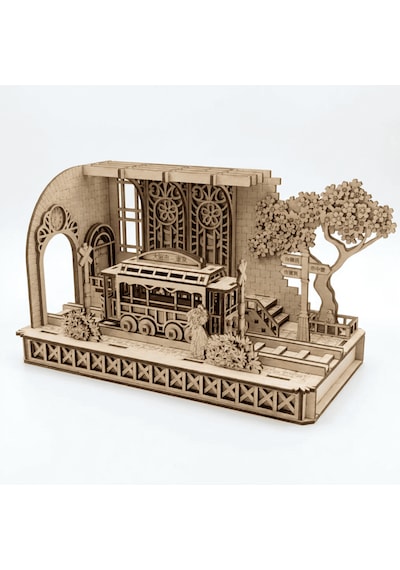 Japanese Tram Station Diorama Ahşap Maket Seti Japon Tramvay İstasyonu Peri Led'li Dıy Model