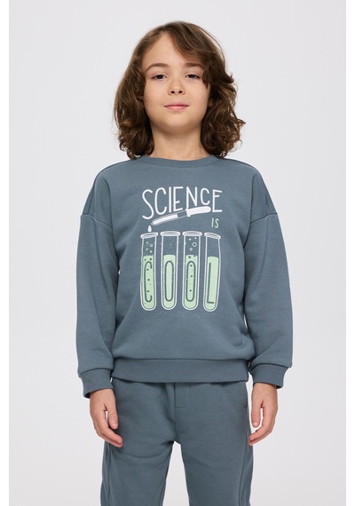 Panço Erkek Çocuk Baskılı Petrol Sweatshirt Mavi