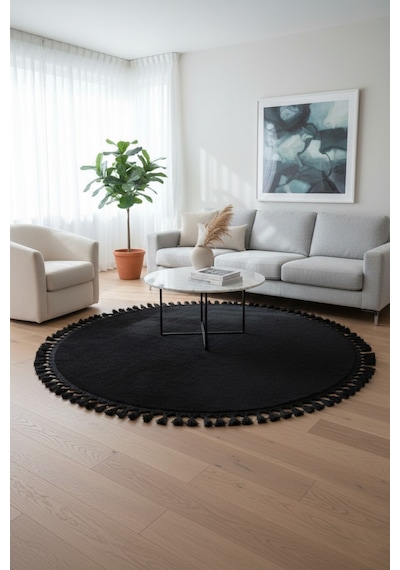 Comfort Yuvarlak Ponpon Saçaklı Peluş Halı Yatak Odası- Çocuk Odası- Antre- Yemek Odası Kaymaz Taban Siyah