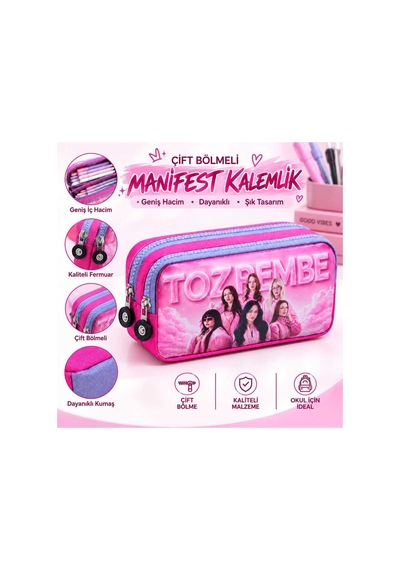 Manifest Figürlü Çift Bölmeli Kalem Kutusu Okul Kalemliği Pembe Pembe