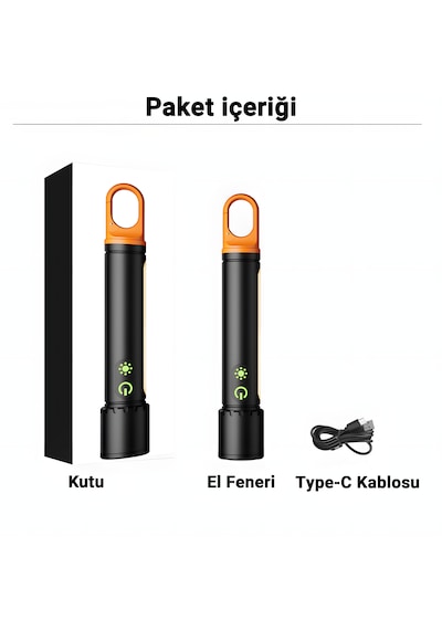 X725 Çok Fonksiyonlu Şarjlı Kamp El Feneri 750 Lm Led, Yan Lamba, Su Geçirmez, Powerbank Siyah