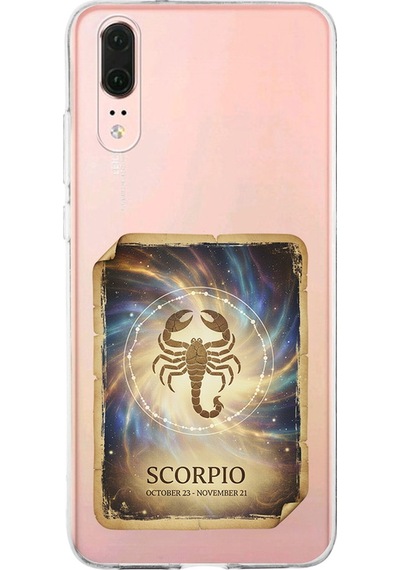 Huawei P20 İle Uyumlu Burç Kartları Akrep Tasarımlı Şeffaf Silikon Kılıf Şeffaf