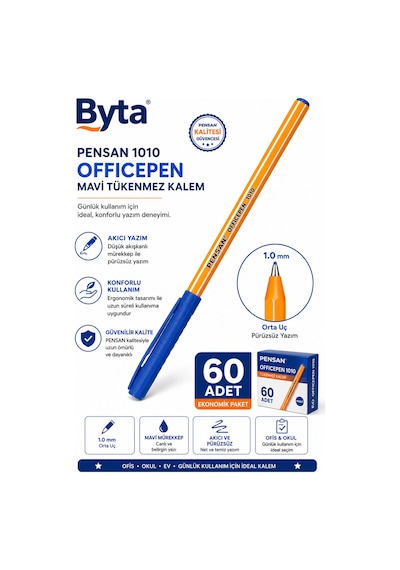 Pensan 1010 Officepen Mavi Tükenmez Kalem 1.0 Mm 60 Adet Ekonomik Paket Mavi