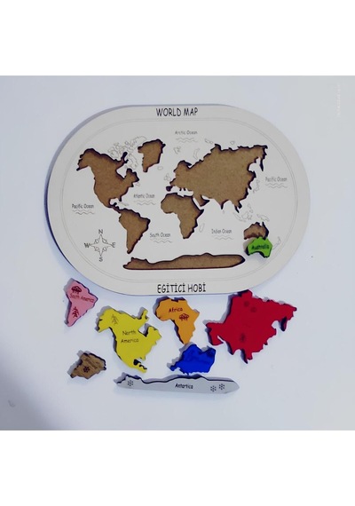 Kabartmalı Ahşap Dünya Kıtalar Haritası Montessorie Bul Tak Puzzle Diğer