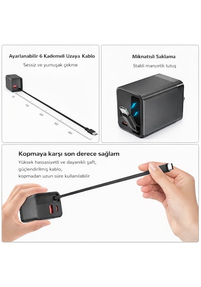 Yk Design 65w Usb Type-c + Usb Duvar Şarj Aleti 2-in-1 Qc3.0 Çekilebilir Kablolu Siyah