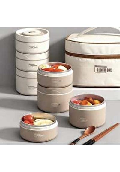 Lunch Box Isı Yalıtımlı Termal Yemek Çantası + 4 Lü Saklama Kabı Seti Kahverengi - Krem