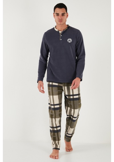 Buratti Ekoseli Regular Fit Düğmeli Bisiklet Yaka Kışlık Polar Erkek Pijama Takımı 60961008 Gri