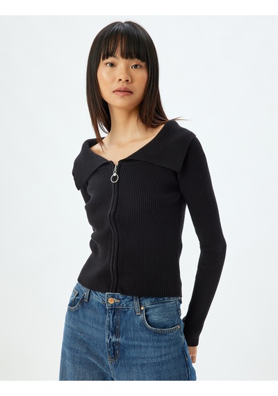 Koton Fermuarlı Hırka Uzun Kollu Slim Fit Siyah 5wal90037ıt
