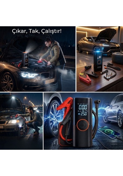 Akü Takviye Cihazı Ve Lastik Şişirme Pompası Powerbank Özellikli, Dijital Ekranlı Sos Fenerli Taşınabilir Kompresör Sarı