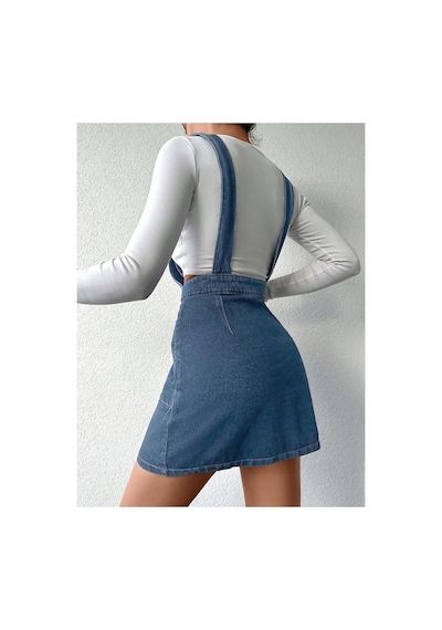 Kene Jeans Ön Düğmeli Etekli Koyu Mavi Bahçevan Elbise Koyu Mavi