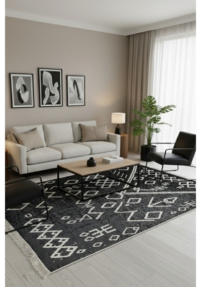 Siyah Geometrik Desen Çift Taraflı Makinede Yıkanabilir Ev İçi & Dış Mekan Uyumlu Günlük Kullanıma Uygun Kilim Renkli